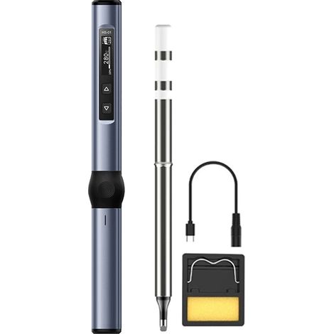 Elektrisches digitales Lötkolben-Set mit Ständer, Typ-C-Spitze, tragbarem Kabel, DC 9–24 V, graublau