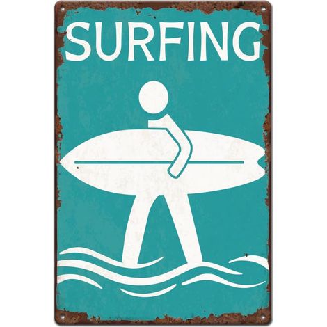 Plaque Metal Vintage de Surf avec Logo de Plage Panneau en Étain Surfeur Traversant Plaque Murale Decorative Vintage Planche Surf Art Mural Décoration Rétro Deco (1/5)