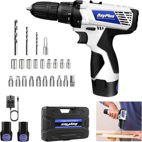 Ensemble perceuse / visseuse électrique sans fil, équipé de 2 batteries de 1,5 Ah, de lampes de travail à LED, de deux vitesses et d'accessoires de 26 pièces, adaptés pour percer des trous dans les mu