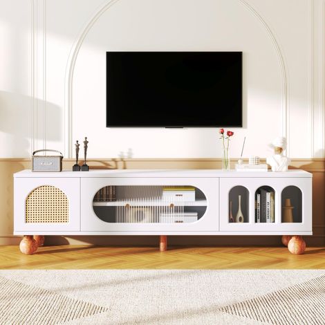 Mobile TV 170 cm, con porta in rattan, porte in vetro, spazio di deposito, stile campagnolo, armadio TV - Bianco