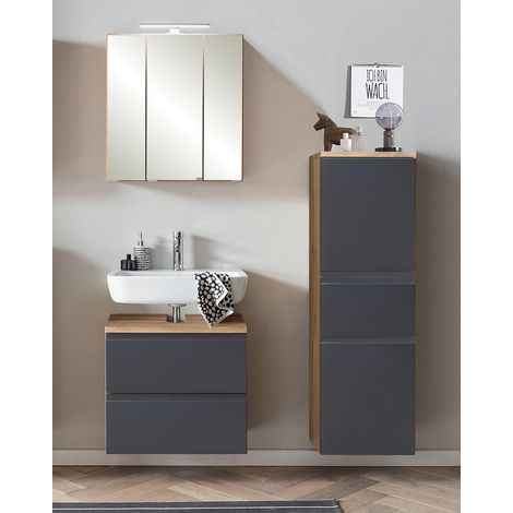 Badmöbel Set mit LED Beleuchtung, Wotan Eiche Nb. mit matt grau, VASTO-03-GREY, B/H/T ca. 115/200/35 cm (1/5)