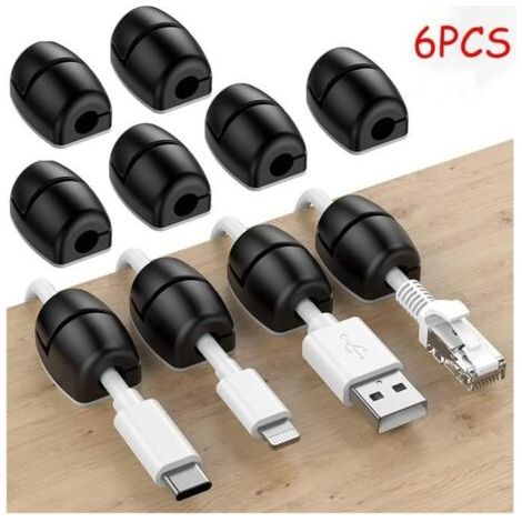 (Noir)Organisateur de Cordon de Chargement - Clips de Câble - Silicone - Auto-Adhésif - Noir - 6 pièces