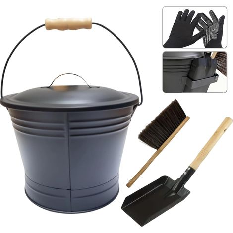 AMXCNOY Kit complet ramonage cheminée : seau à cendres avec pelle, balayette, gants et support - Poignée bois thermorésistante pour poêle à bois et barbecue (1/5)