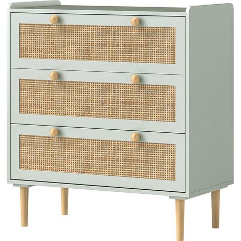 Cómoda cómoda con 3 cajones, aparador estilo bohemio, aspecto de ratán, cómoda para salón, dormitorio, azul claro 80 x 40 x 87,5 cm Aosom