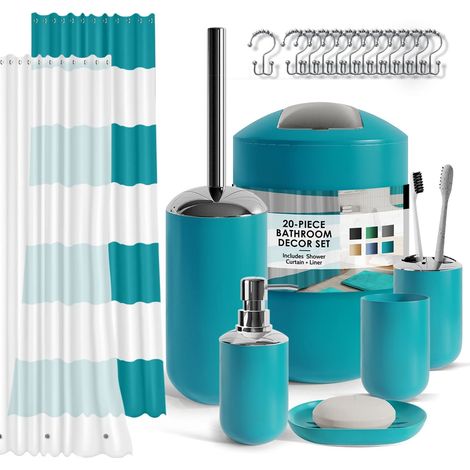 Ensemble d'accessoires de Salle de Bain, Bleu Sarcelle, Rideau de Douche avec Doublure, Porte-Brosse à Dents, Distributeur de Savon, Porte-Brosse de Toilette et Poubelle (1/5)