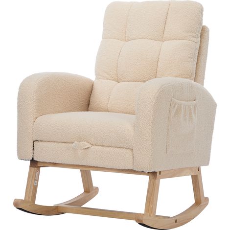 Fauteuil berçant velours beige cadre bois massif,pieds métalliques avec repose-pieds cachés. Rembourrage mousse confort pour salon et chambre. (1/5)