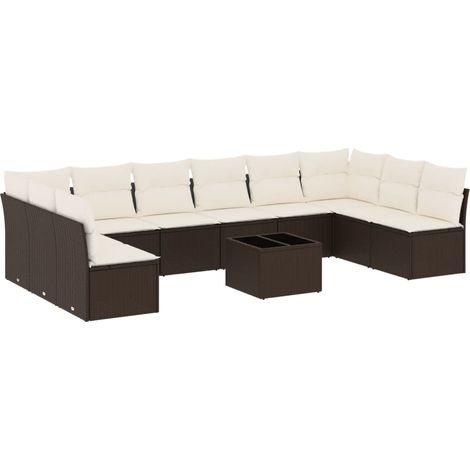 Salon de jardin et coussins 11 pcs Mobilier de jardin marron résine tressée (1/5)