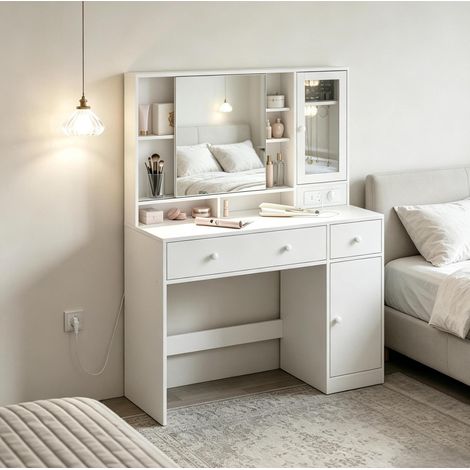 Scrivania con specchio LED e prese, bianca OKMYHOME (1/5)