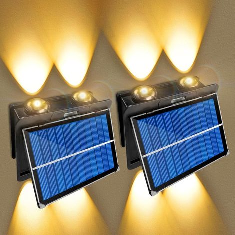 Lot de 2 appliques murales solaires d'extérieur avec 4 lampes LED chaudes - Éclairage étanche IP65 - Pour jardin, garage, cour, porte de garage (2) (1/5)