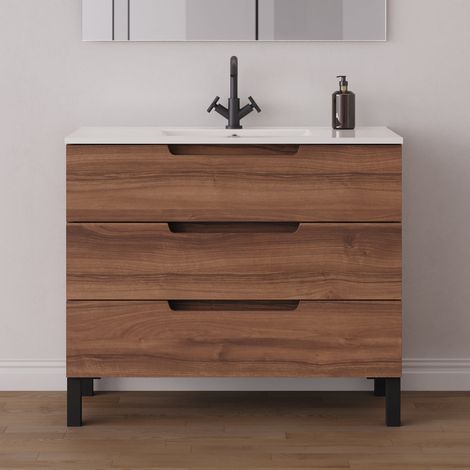 Meuble de salle de bain 100cm simple vasque - 3 tiroirs - sans miroir - noyer (bois foncé) - RIZA (1/5)