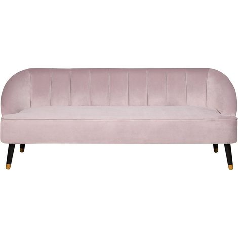 Sofá tapizado en terciopelo rosa 3 plazas con respaldo reposabrazos empotrados patas de madera Alsvag