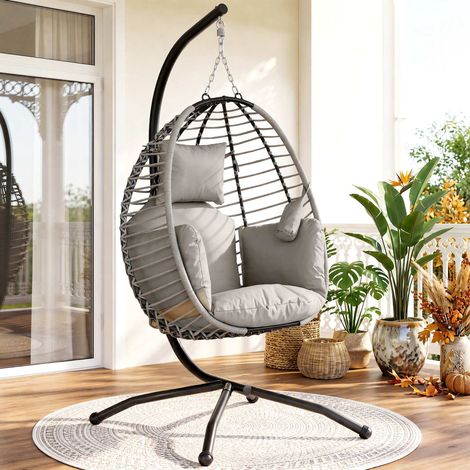 Fauteuil suspendu, coussins d'assise et de dossier, panier de rangement pliable, porte-gobelet, structure en métal, gris (1/5)