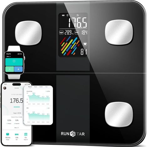 Pese Personne Intelligent, Balance Pese Personnes Haute Hrécision avec Grand Écran, Balance Connectée 15 Mesures Corporelles, IMC, Fréquence Cardiaque Synchronisation APP, 400lb, Noir (1/5)
