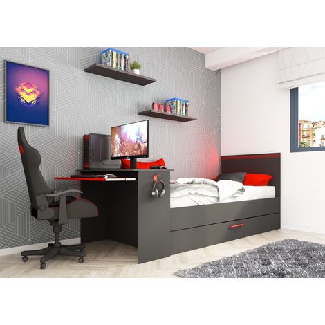 Cameretta con letto singolo estraibile e scrivania incorporata colore antracite e rosso reversibile