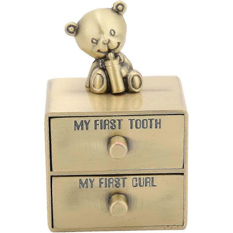 Boîte à dents en métal en forme d'ours mignon avec 2 tiroirs pour enfants, cadeau souvenir de croissance, collection de bijoux (patine verte) (1/5)