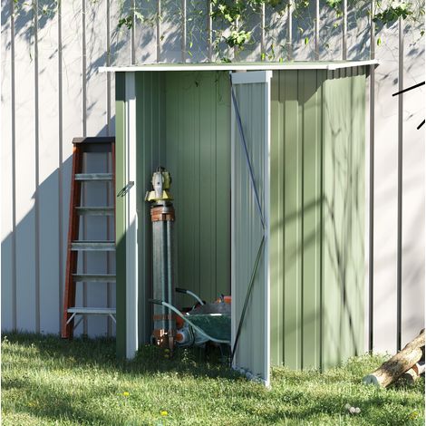 Caseta de jardín 142x84x189 cm, puerta grande con pestillo, techo inclinado, acero verde (1/5)