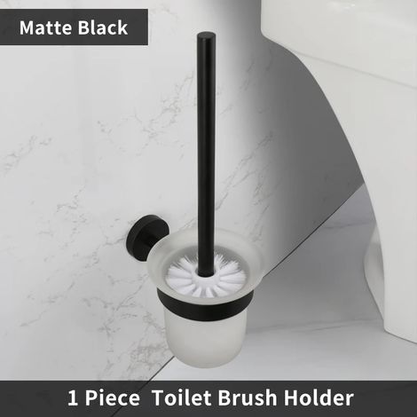Porte-brosse WC - Accessoires de salle de bain - Porte-serviettes, étagère, barre, porte-rouleau de papier toilette avec couvercle, barre porte-serviettes, crochet pour peignoir, porte-brosse WC noir (1/5)