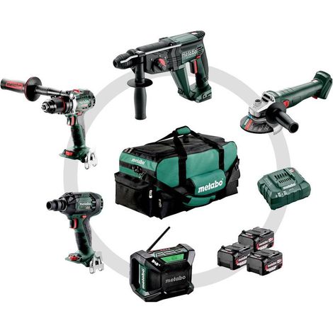 Kit d'outils sans fil Combo pour l'artisanat du bâtiment Metabo 5.2BS 18 LTX BL + KH 18 LTX 24 + W 18 L 9-125 Quick + SSW 18 LTX 300 BL + R 12-18 DAB BT Sacoche à outils