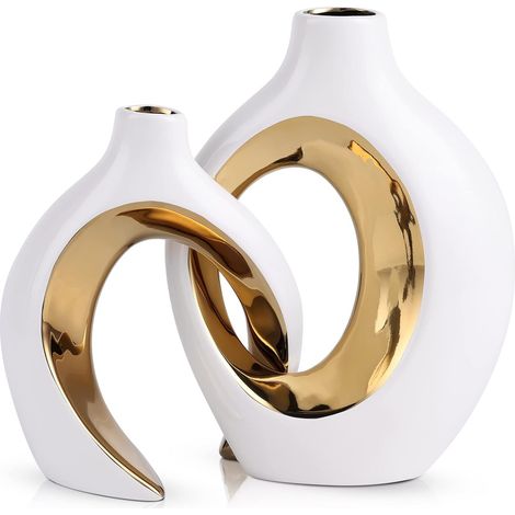 Vase céramique Lot de 2 Blanc et doré,Vase déco Moderne Maison Salon Table (1/5)