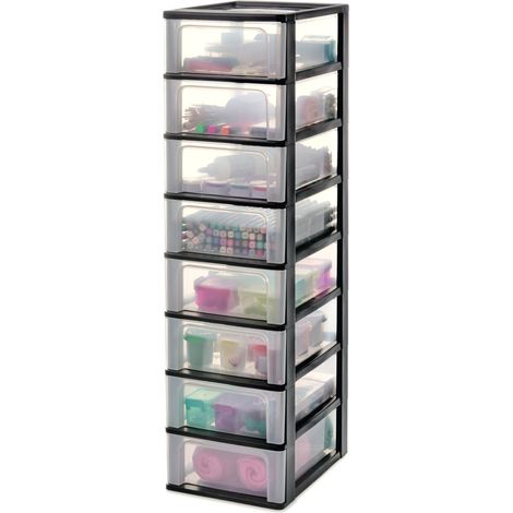 Tour de Rangement Plastique, 8 Tiroirs Moyens, Noir, Ouverture Facile, Format A4, A5 (1/4)