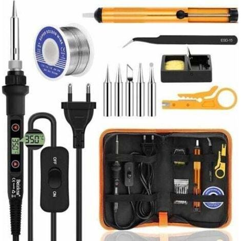 – Fer à souder 80W – Température réglable 180-480°C – Chauffe rapide 15s – Interrupteur ON/OFF – 5 conseils – Pompe à dessouder (1/4)