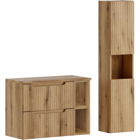 Ensemble VANO Eichenholz hell 110cm: Unterschrank mit Schubladen und sichtbaren Nischen + Waschtischplatte + Säule