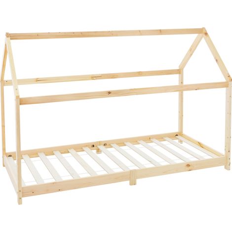 ML-Design Letto a Casetta per Bambini 90 x 200 cm Naturale, in Legno di Pino Massiccio, Forma di Casa con Tetto e Rete a Doghe, Lettino a Terra Singolo Stile Montessori per Cameretta dei Ragazzi