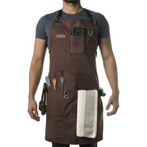 Ortviai Tablier de Chef et BBQ en Toile de Coton Café - Tablier de Cuisine Professionnel pour Hommes - Sangles Croisées avec Boucle Rapide - Apron Robuste avec Décapsuleur et Essuie-Mains (1/4)
