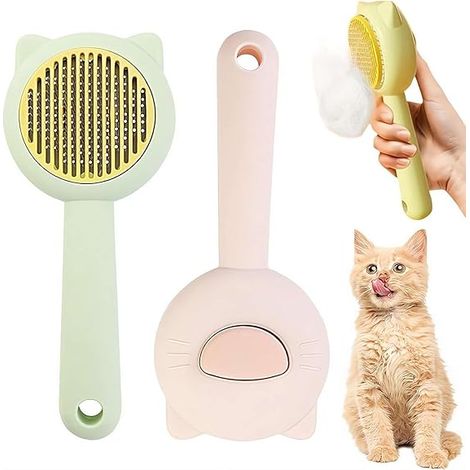 Lot de 2 Brosses pour Chat en Forme de Tête de Chat, Peigne de Toilettage pour Enlever les Poils Morts et Masser, Kit de Soins Ergonomique pour Chatons et Animaux, Vert et Rose (1/4)