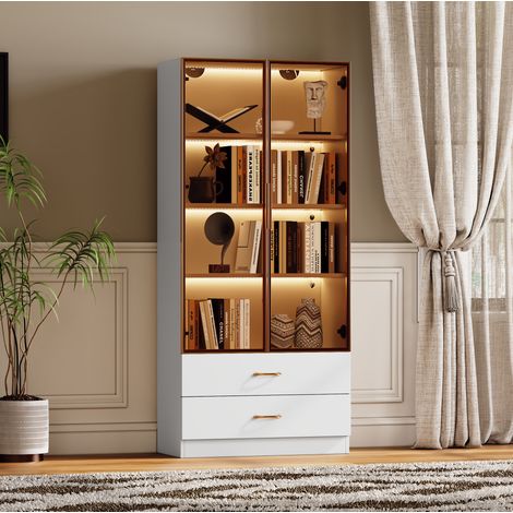 Mueble de baño alto de 75 cm con luz, 2 cajones grandes y 2 puertas, blanco HAVRYA (1/5)