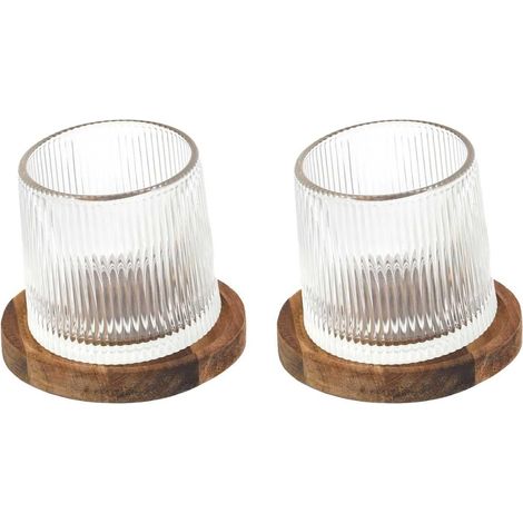 Duo de Verres à Whisky en Verre Transparent avec Support en Acacia, pour Cocktails et Apéritifs, Capacité 16cl, Style Raffiné, Couleur Claire (1/5)