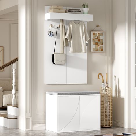 Tkopy - Ensemble de meubles, Ensemble de rangement pour l'entrée, porte-manteaux mural, avec des crochets, armoire à chaussures à deux portes et banc à chaussures et étagères, 60x35x145 cm, Blanc (1/5)