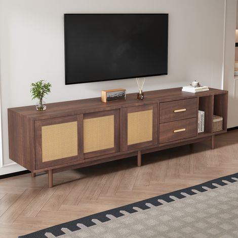 Meuble TV 190x40x52cm en rotin brun structure MDF,6 pieds de support,rangement multifonction adapté TV 75 pouces pour salon.