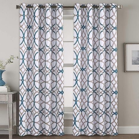 Rideaux occultants thermiques à œillets pour salon - 132 cm de largeur x 213 cm de longueur - Lot de 2 panneaux - Motif géométrique gris et bleu (1/5)