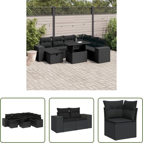 Gartentisch - 8-tlg. Garten-Sofagarnitur mit Kissen Schwarz Poly Rattan (1/5)
