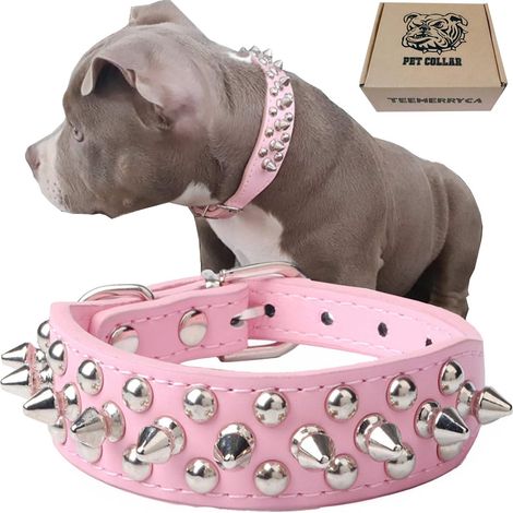 Collier de chien en cuir avec des pointes pour chiots, animaux domestiques de petite et moyenne taille, bouledogue, fille, Rose (L)