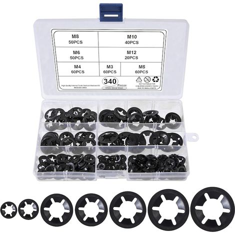 Rondelles frein, rondelles frein dentées internes, rondelles M3 M4 M5 M6 M8 M10 M12, assortiment de rondelles frein, noires, 340 pièces (1/5)