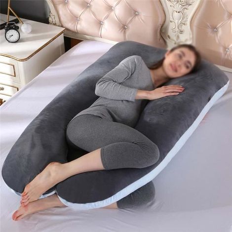 Coussin de Grossesse en Forme de U,Coussin Allaitement de Maternité Ergonomique,Soutient Tout Le Corps,Velours-GrisBleu,130x70cm-Ywey (1/4)