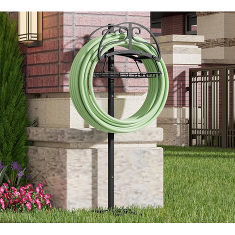 Organiseur de tuyau d'arrosage autonome avec panier de rangement – Support de tuyau robuste avec revêtement en poudre noire, design amovible pouvant contenir un tuyau de 45,2 m, comprend une (1/5)