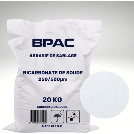 Bpac – Abrasif bicarbonate de soude 20 KG – Granulométrie 200-500 microns – Pression d'utilisation 3-8 bars – Nettoyage surfaces sensibles
