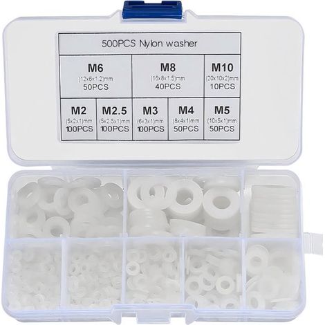 Juego surtido de 1000 arandelas de plástico M2，M2.5，M3，M4，M5，M6，M8 y M10，arandelas planas de nailon，tornillos y pernos，color negro y blanco (1/5)