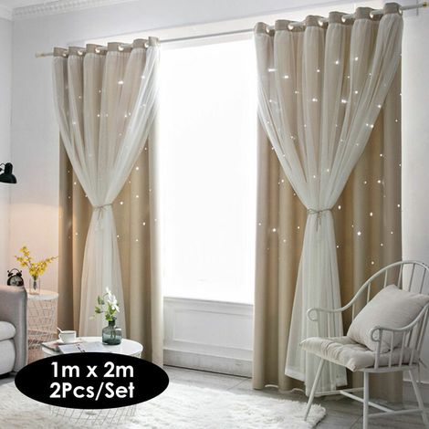 2Pcs Fenetre Rideau Evide Etoiles Shading Rideau Drape Purdah Pour La Maison Salon Chambre, Beige, 1M X 2M (1/5)