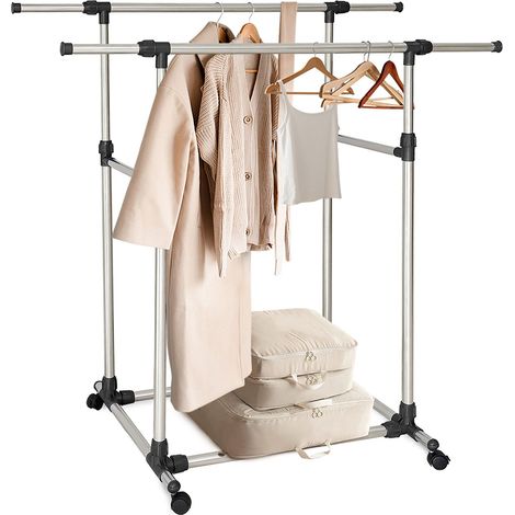 Perchero rodante Relaxdays, doble barra para ropa, altura ajustable 90-160 cm, ancho 93-157 cm, plata/negro