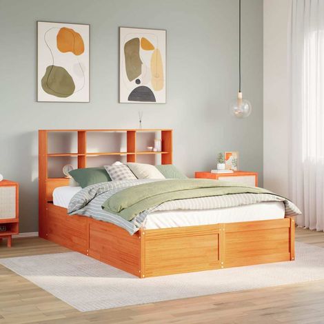 Cadre de lit 135 x 190 cm, tête de lit pin massif cire marron, 6 étagères, sans matelas - PANGIVO (1/5)