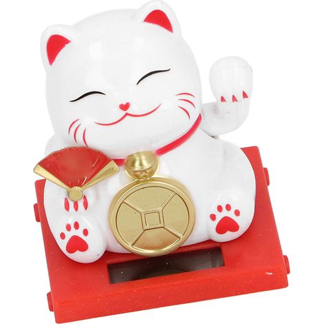 Chat porte-bonheur solaire de 5 cm avec boîte transparente, bras agité, à énergie solaire, pour la décoration de la maison, du bureau et du tableau de bord (blanc). (1/5)