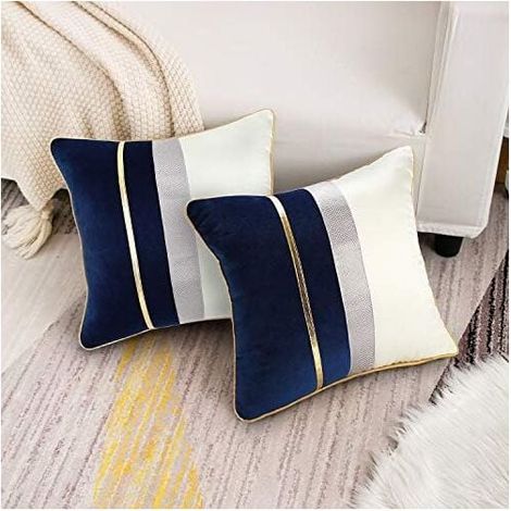 Taie d'oreiller en velours 45x45 cm bleu marine patchwork blanc rayures cuir doré taie d'oreiller décorative (1/3)