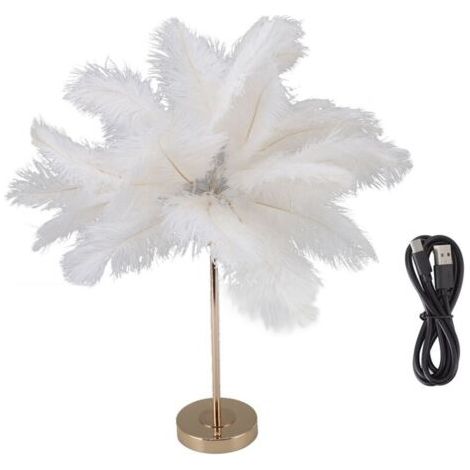 Plume Lampe De Table Interrupteur Tactile USB Plume D'autruche Lampe 3 Couleur Gradation Lampe De Bureau avec Base En Métal Doré 30pcs Plume (1/4)