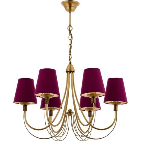 Lustre violet et doré, hauteur 100 cm, diamètre 67 cm, corps en métal, 6 douilles E14, design moderne pour la maison et les espaces de salle à manger