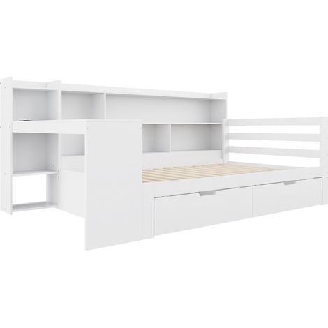 Lit multifonctionnel en bois 90 x 200 cm avec bureau, étagères, tiroirs et prise, blanc (1/5)