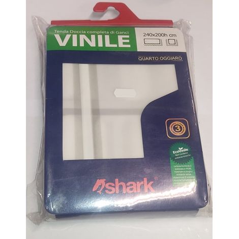 SHARK - TENDA DA DOCCIA COMPLETA DI GANCI IN VINILE LINEA QUARTO OGGIARO 240x200h cm - COLORE BIANCO CON DECORAZIONI NERE